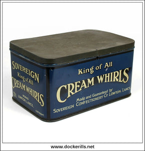 Sovereign Cream Whirls Tin, Sovereign Confectionary Co., Lowton, Lancs. Vintage Advertising Tin 1.