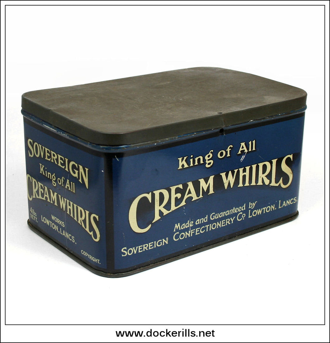 Sovereign Cream Whirls Tin, Sovereign Confectionary Co., Lowton, Lancs. Vintage Advertising Tin 1.