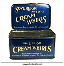 Sovereign Cream Whirls Tin, Sovereign Confectionary Co., Lowton, Lancs. Vintage Advertising Tin 3.