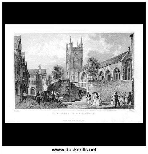 St. Andrews Church, Plymouth, Devonshire, England. Antique Print, Steel Engraving 1832.