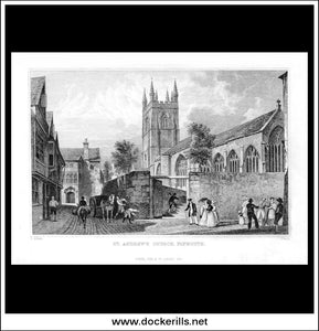 St. Andrews Church, Plymouth, Devonshire, England. Antique Print, Steel Engraving 1832.