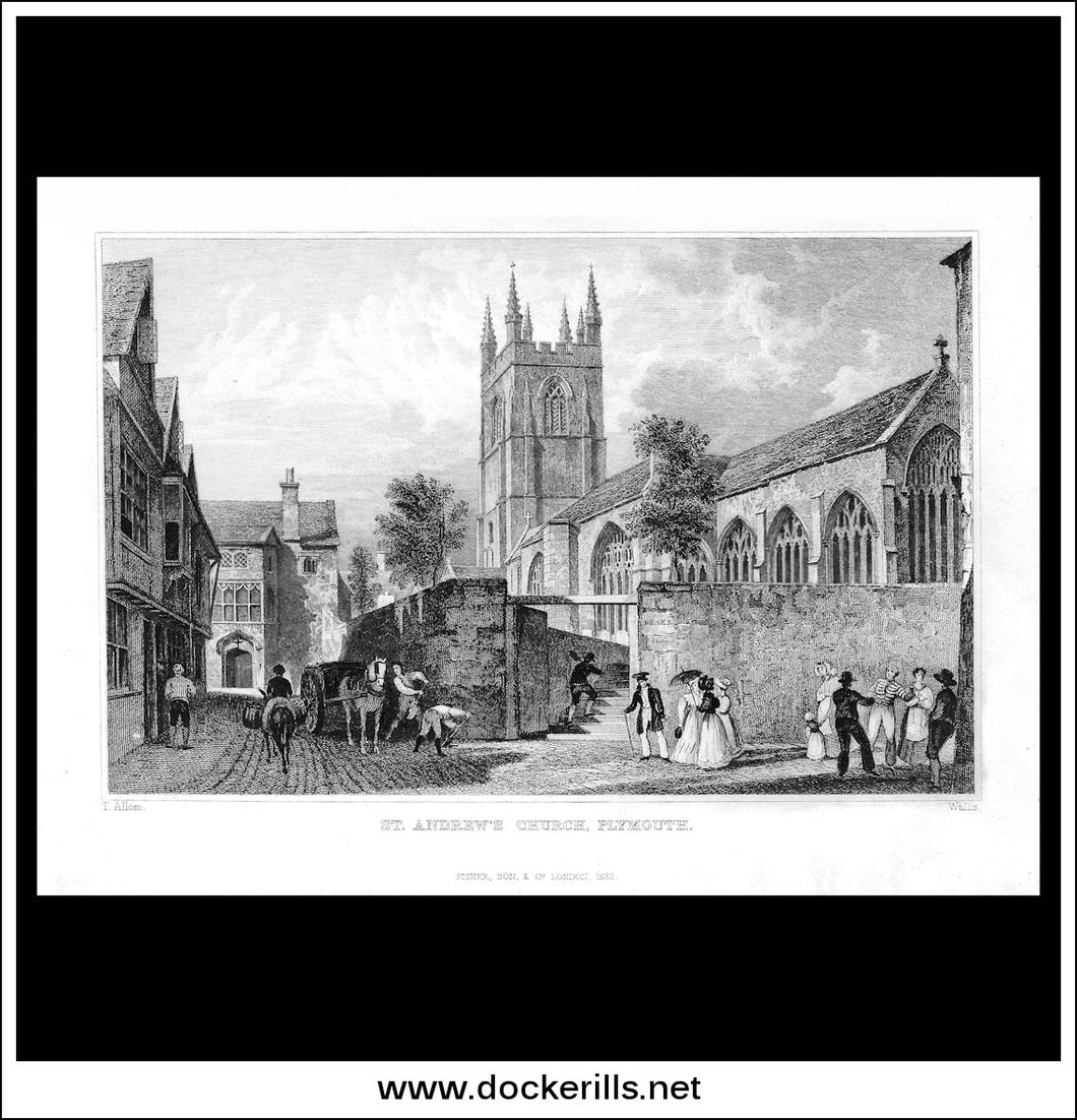 St. Andrews Church, Plymouth, Devonshire, England. Antique Print, Steel Engraving 1832.
