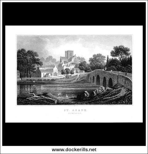 St. Asaph, Flintshire, Wales. Antique Print, Steel Engraving c. 1830.