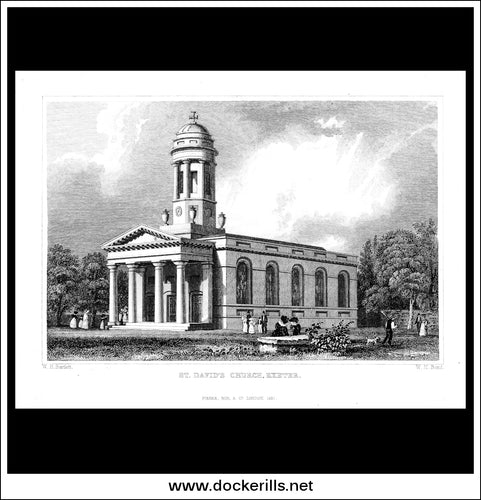 St. David's Church, Exeter, Devonshire, England. Antique Print, Steel Engraving 1832.