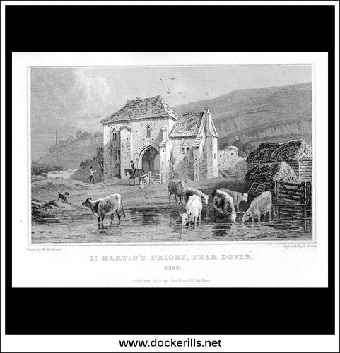 St. Martin's Priory, Near Dover, Kent, England. Antique Print, Steel Engraving 1829.