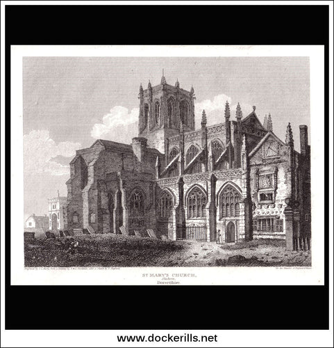 St. Mary's Church, Shuborn, Dorset, England. Antique Print, Copper Plate Engraving 1810.