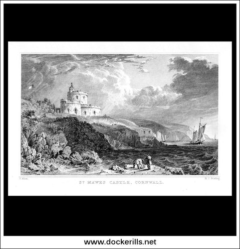 Antique Print St. Mawes Castle, Cornwall, England. Steel Engraving c. 1830.