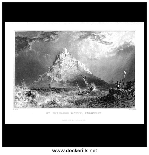 Antique Print St. Michael's Mount, Cornwall, England. Steel Engraving c. 1830.