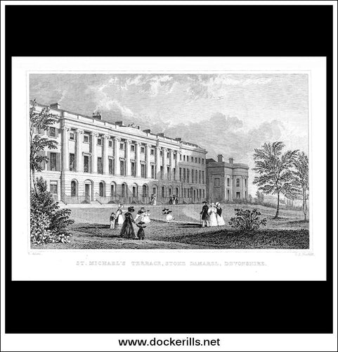 St. Michael's Terrace, Stoke Damarel, Devonshire, England. Antique Print, Steel Engraving c. 1830.