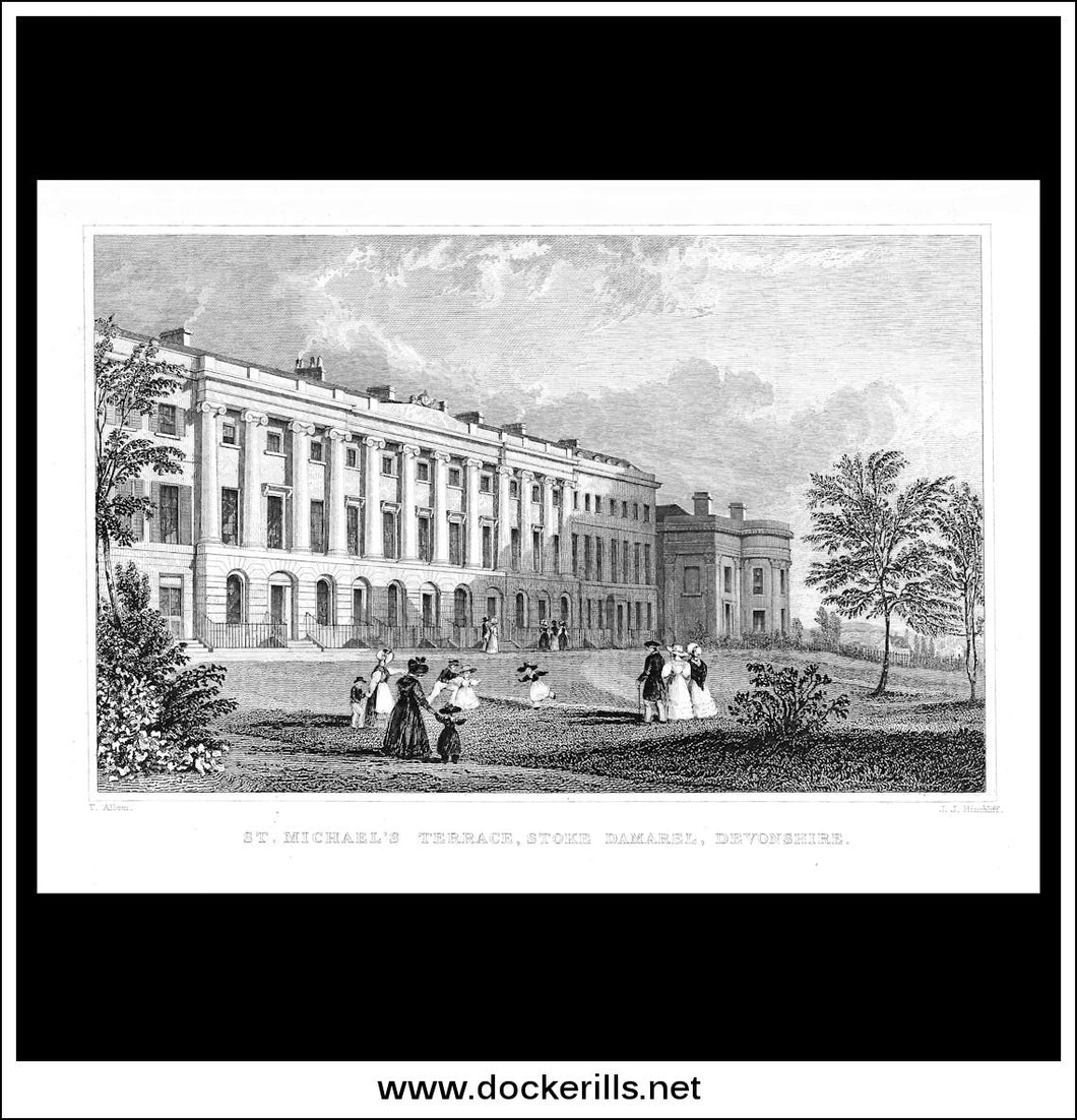 St. Michael's Terrace, Stoke Damarel, Devonshire, England. Antique Print, Steel Engraving c. 1830.