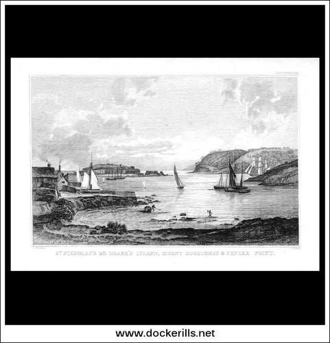 St. Nicholas's Or Drakes Island, Mount Edgecombe & Penlee Point, Devonshire, England. Antique Print, Steel Engraving c. 1830.