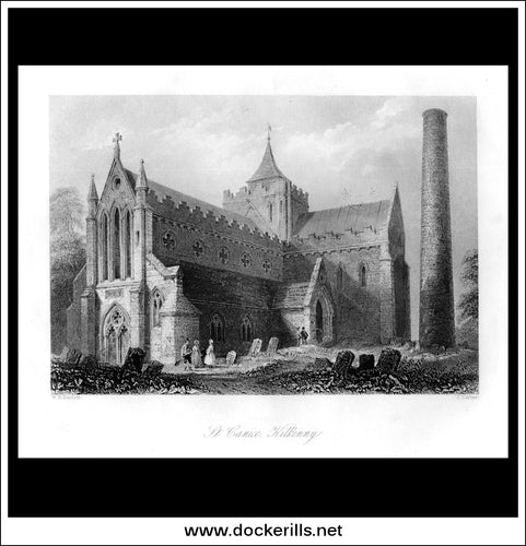 St Canice, Co. Kilkenny, Ireland. Antique Print, Steel Engraving c. 1840.