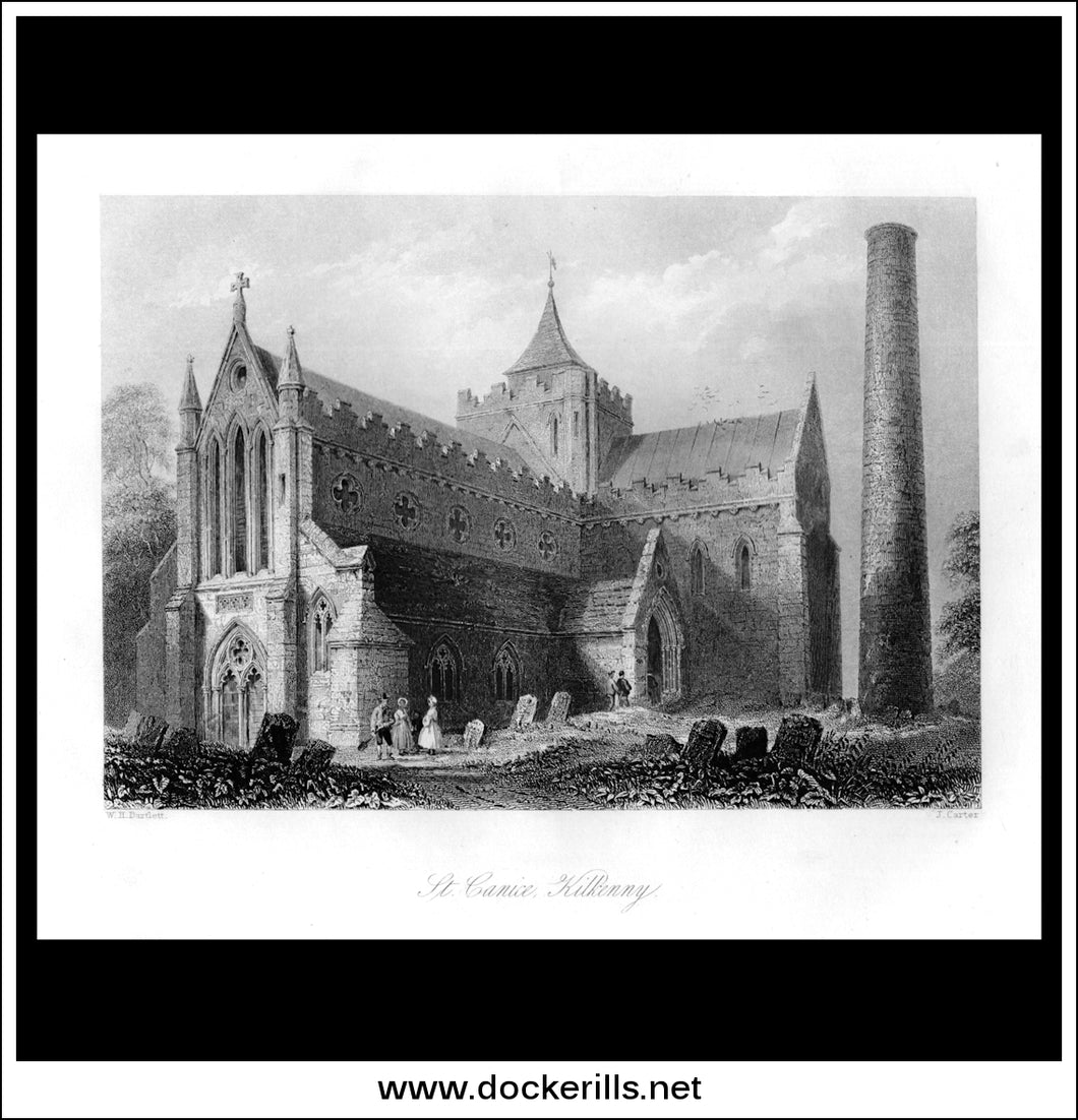 St Canice, Co. Kilkenny, Ireland. Antique Print, Steel Engraving c. 1840.