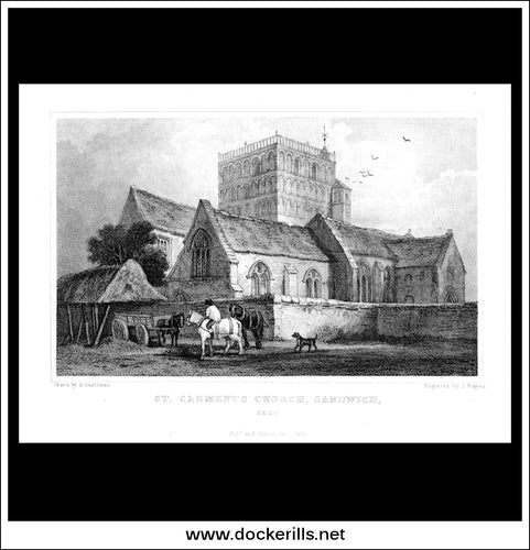 St. Clements Church, Sandwich, Kent, England. Antique Print, Steel Engraving 1829.