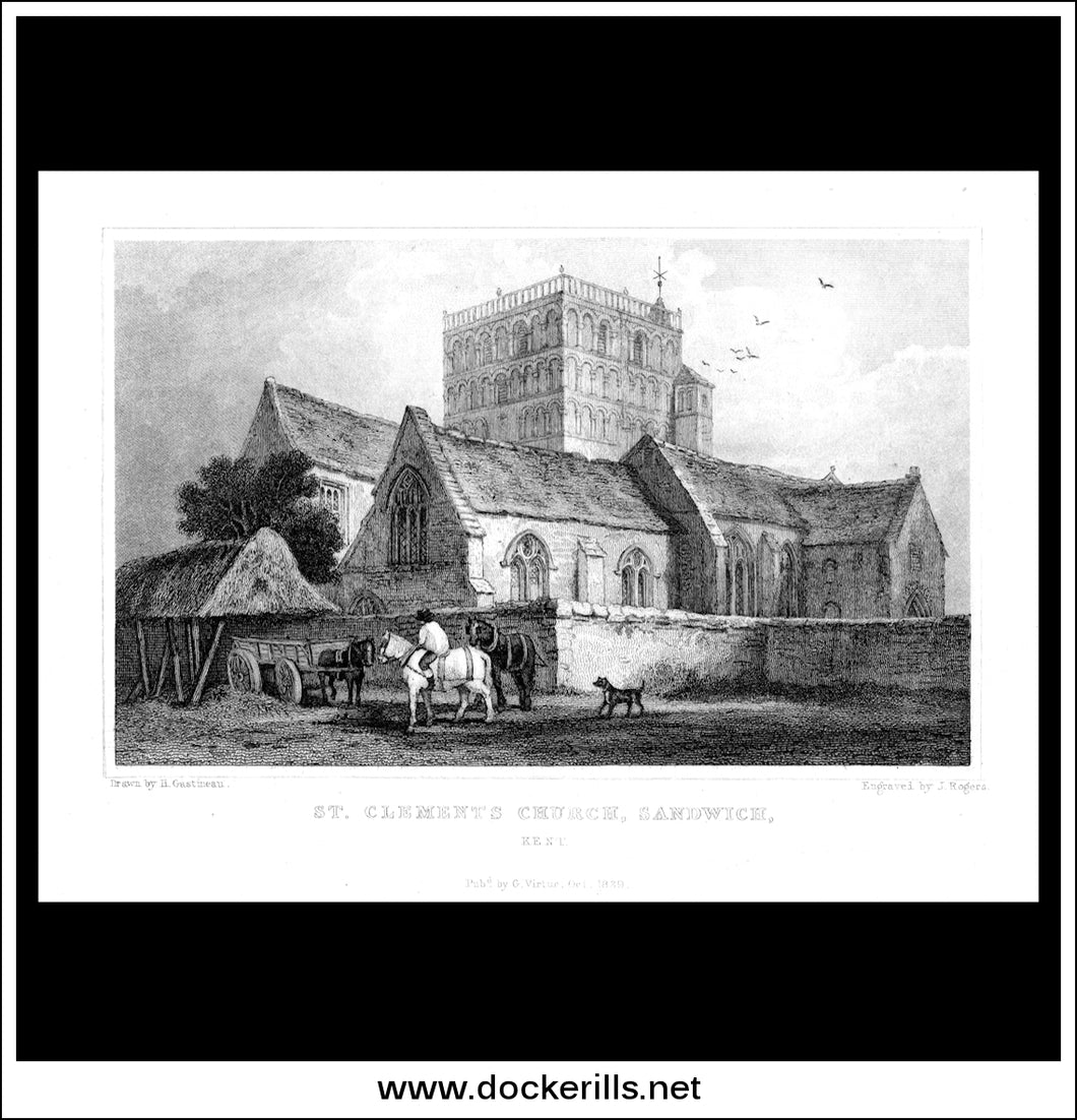 St. Clements Church, Sandwich, Kent, England. Antique Print, Steel Engraving 1829.