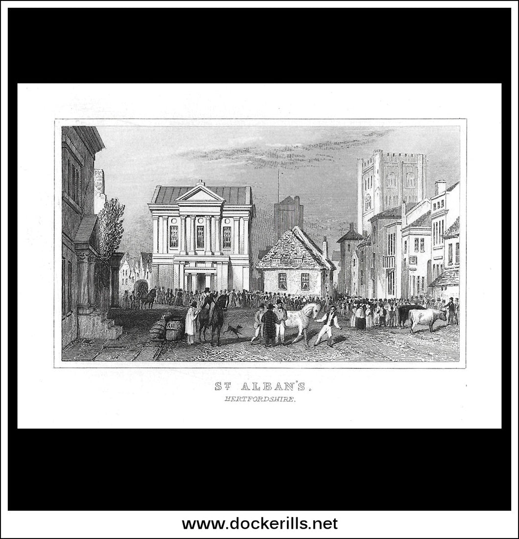 St. Albans, Hertfordshire, England. Antique Print, Steel Engraving c. 1845.