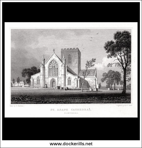 St. Asaph Cathedral, Flintshire, Wales. Antique Print, Steel Engraving c. 1830.
