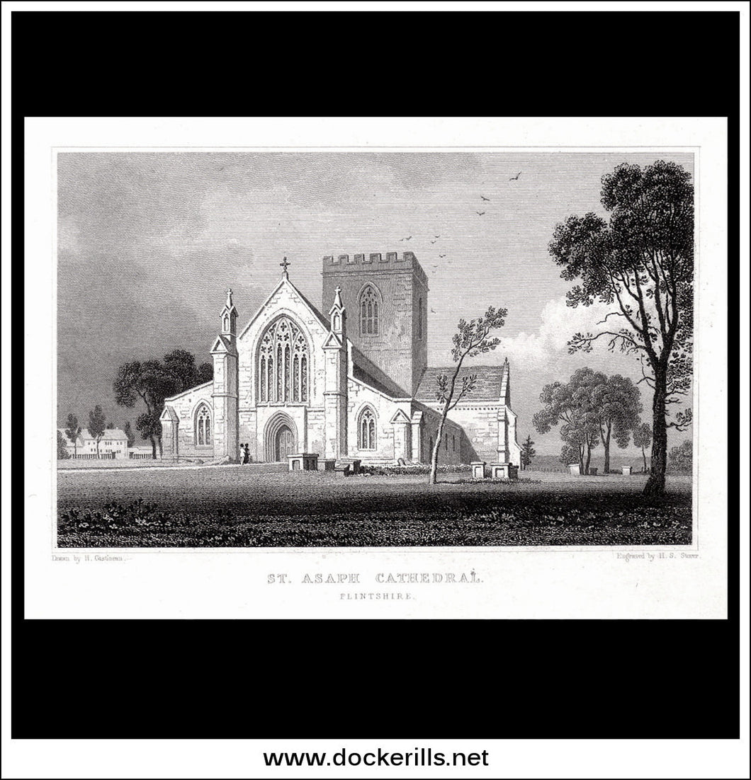 St. Asaph Cathedral, Flintshire, Wales. Antique Print, Steel Engraving c. 1830.