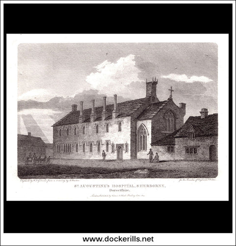 St. Augustine's Hospital, Sherbourne, Dorset, England. Antique Print, Copper Plate Engraving 1803.