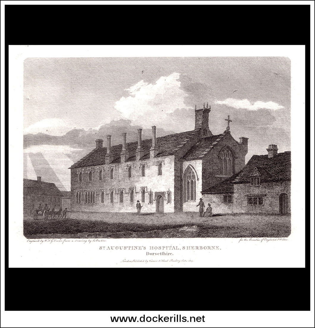 St. Augustine's Hospital, Sherbourne, Dorset, England. Antique Print, Copper Plate Engraving 1803.