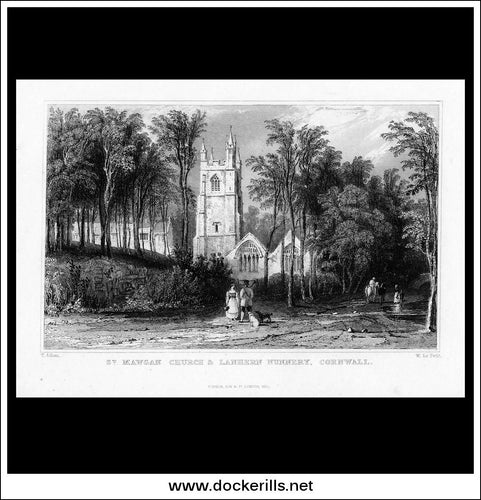 Antique Print St. Mawgan Church & Lanhern Nunnery, Cornwall, England. Steel Engraving c. 1830.