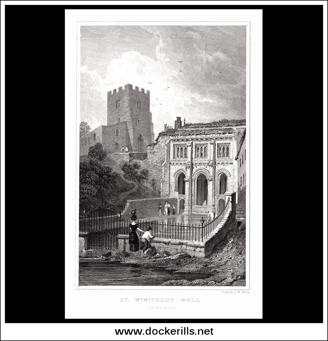 St. Winifred's Well, Flintshire, Wales. Antique Print, Steel Engraving c. 1830.