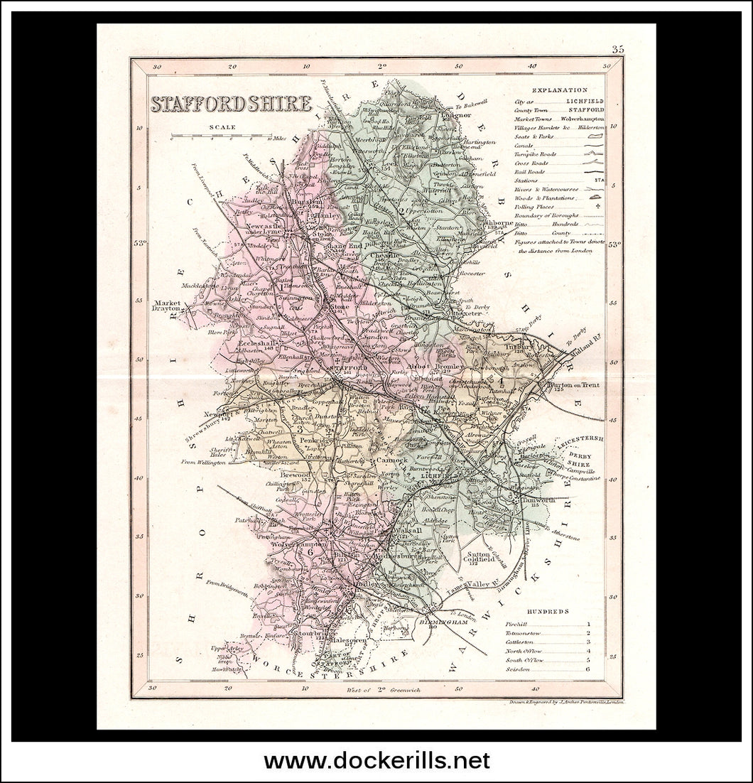 Map Of Staffordshire, England. Antique Print, Steel Engraving c. 1846.