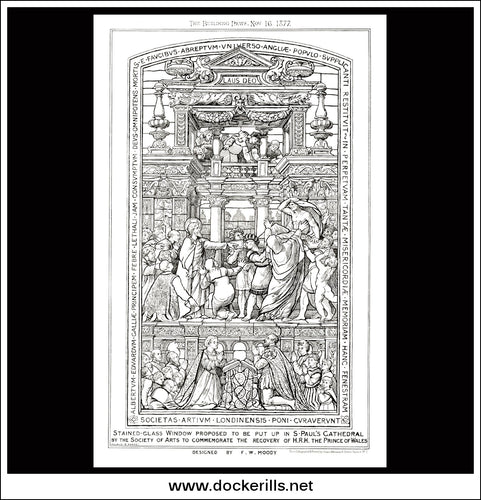 Stained Glass Window Proposed For St Pauls. F.W. Moody. Antique Print, Lithograph 1877.