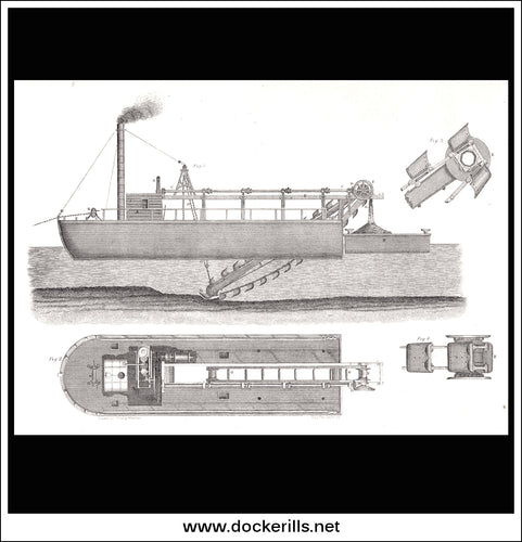 Steam Dredging Machine. Antique Print, Lithograph c. 1880.