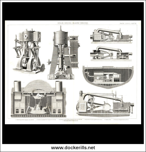 Steam Engines, Marine Engines. Antique Print, Lithograph c. 1880.