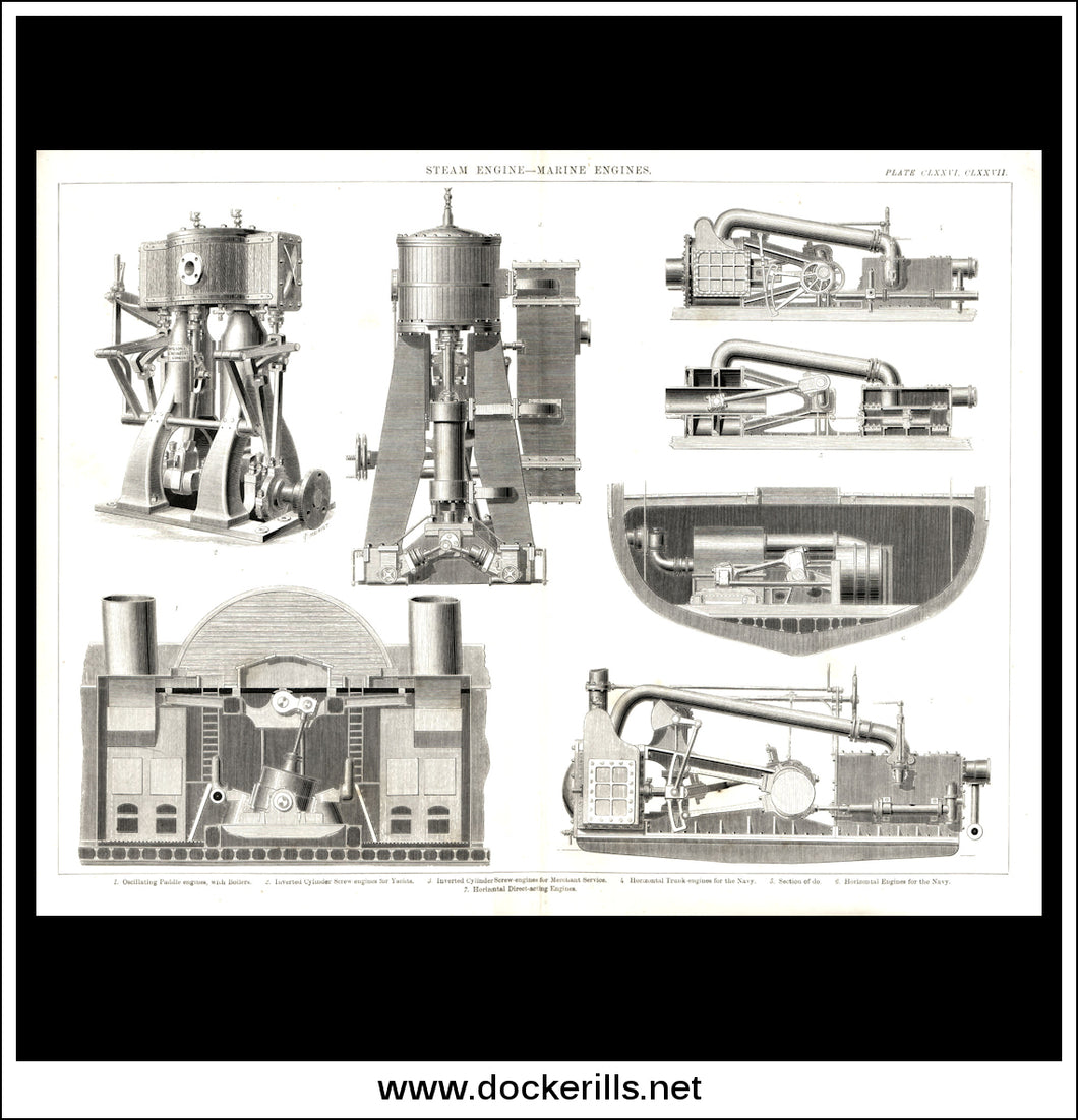 Steam Engines, Marine Engines. Antique Print, Lithograph c. 1880.