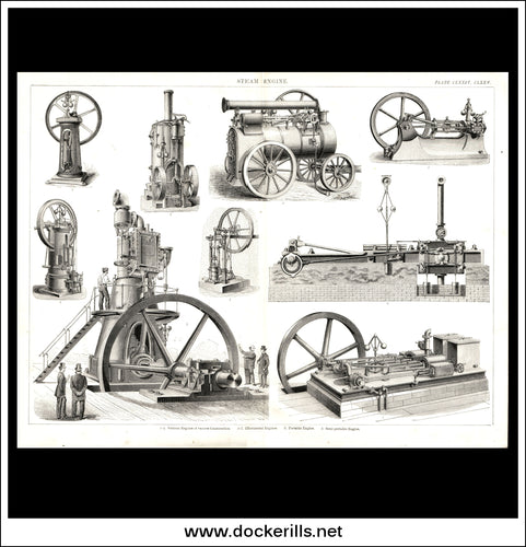 Steam Engines. Antique Print, Lithograph c. 1880.