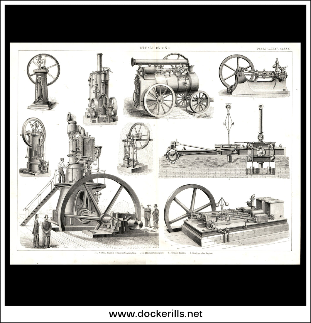 Steam Engines. Antique Print, Lithograph c. 1880.