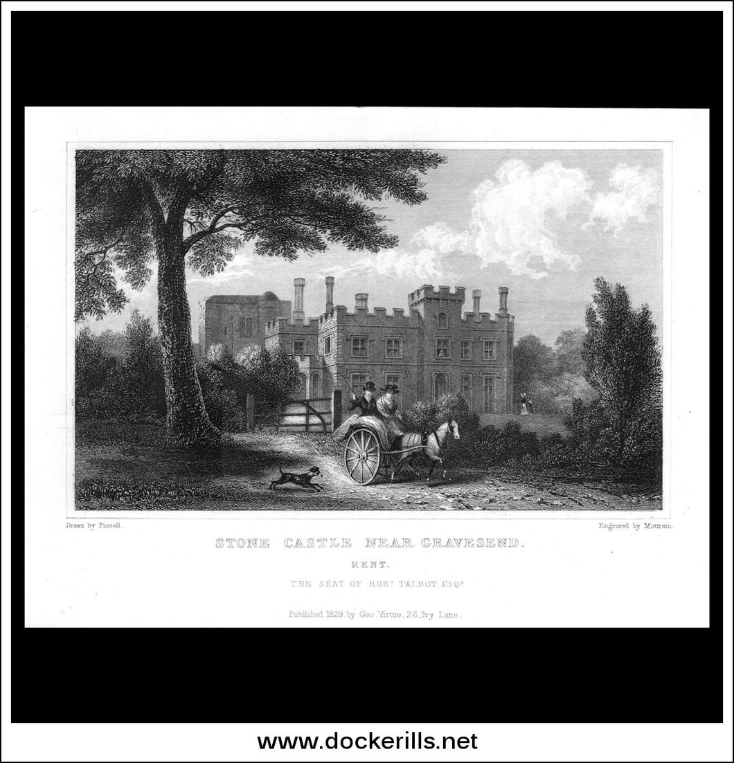Stone Castle Near Gravesend, Kent, England. Antique Print, Steel Engraving 1829.