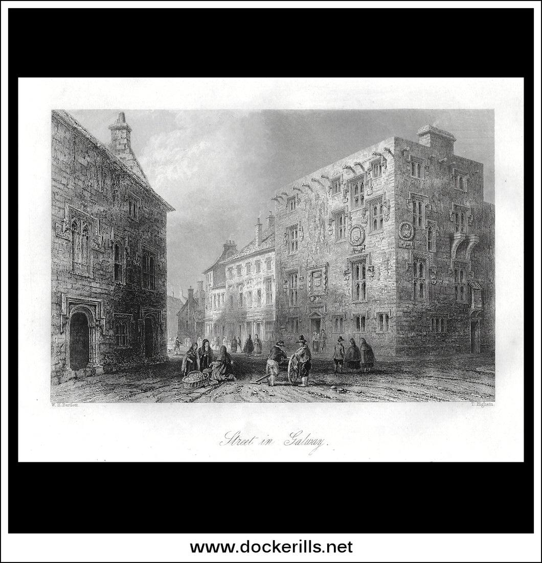 Street In Galway, Co. Galway, Ireland. Antique Print, Steel Engraving c. 1840.