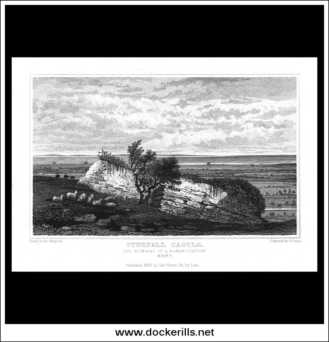 Studfall Castle, Remains Of A Roman Fort, Kent, England. Antique Print, Steel Engraving 1829.