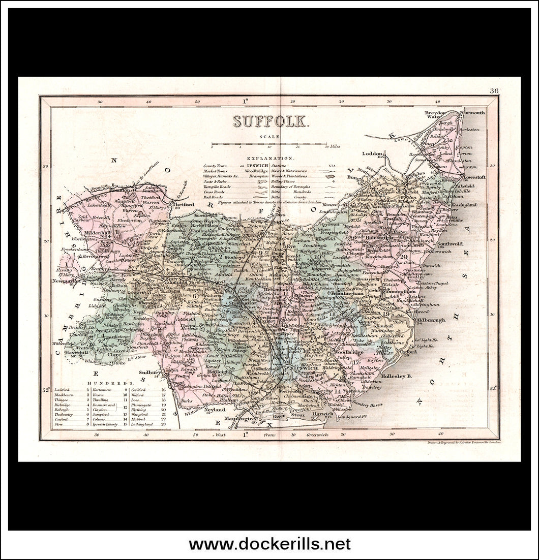 Map Of Suffolk, England. Antique Print, Steel Engraving c. 1846.