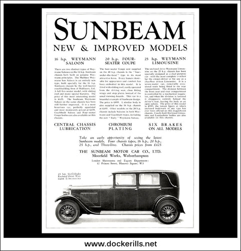 Sunbeam Cars incl. 25 h.p. Six-Cylinder Weymann Limousine. Original Vintage Advert From December, 1929