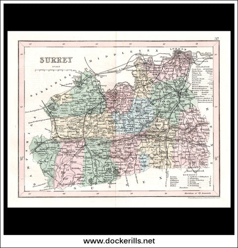 Map Of Surrey, England. Antique Print, Steel Engraving c. 1846.