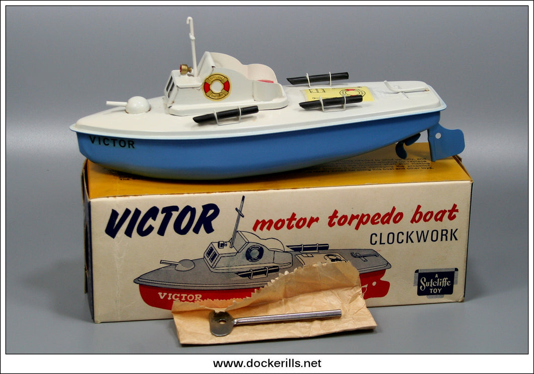 Victor Motor Torpedo Boat, Sutcliffe Pressings Ltd., England. Clockwork Toy Boat.