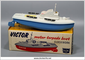 Victor Motor Torpedo Boat, Sutcliffe Pressings Ltd., England. Clockwork Toy Boat.