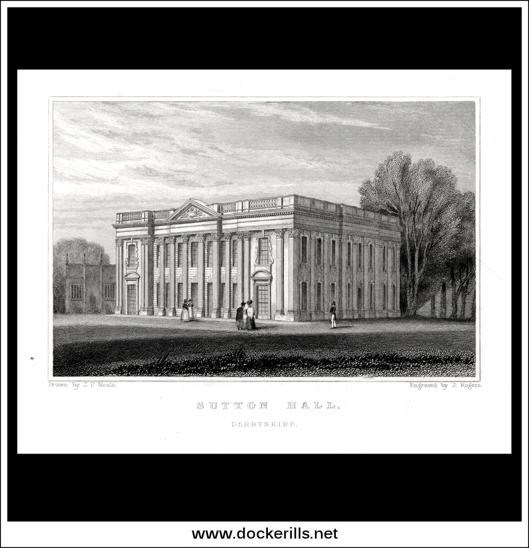 Sutton Hall, Derbyshire, England. Antique Print, Steel Engraving c. 1830.