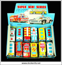 Super Mini Series Assorted Cars, Trade Box. Friction Drive Tin Plate Cars x 12, Suzuki, Japan 1.
