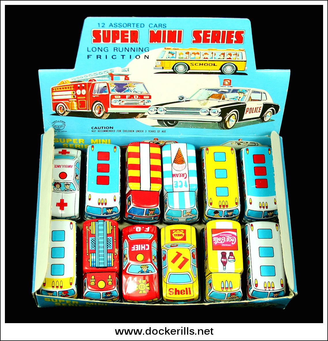Super Mini Series Assorted Cars, Trade Box. Friction Drive Tin