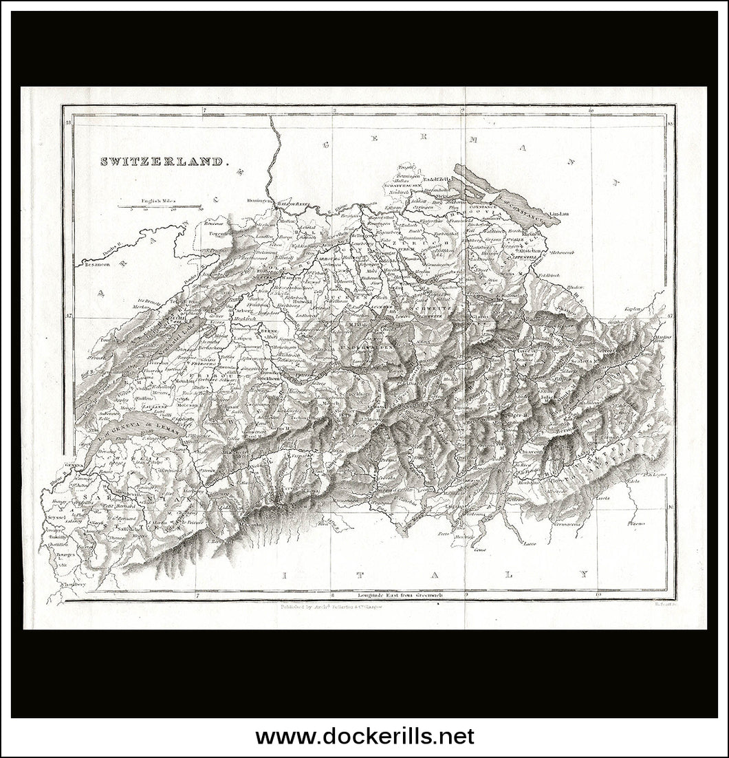 Switzerland. Antique Map, Steel Engraving. Fullarton / R. Scott, 1845.