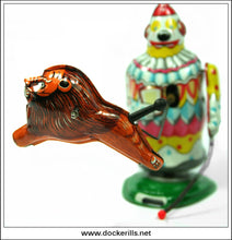 Vintage Tin Toy Clown Making The Lion Jump Thru The Flaming Hoop, T.P.S., Japan 2.