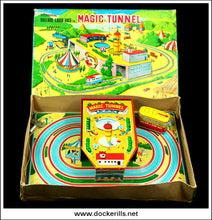 Dream Land Bus In Magic Tunnel. Vintage Tin Plate Clockwork Novelty Toy, T.P.S. Toplay Ltd., Japan.