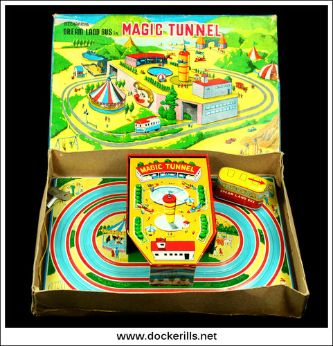 Dream Land Bus In Magic Tunnel. Vintage Tin Plate Clockwork Novelty Toy, T.P.S. Toplay Ltd., Japan.