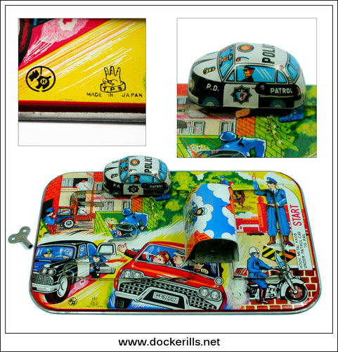 Police Car Chase. Vintage Tin Plate Clockwork Novelty Toy, T.P.S. Toplay Ltd., Japan.
