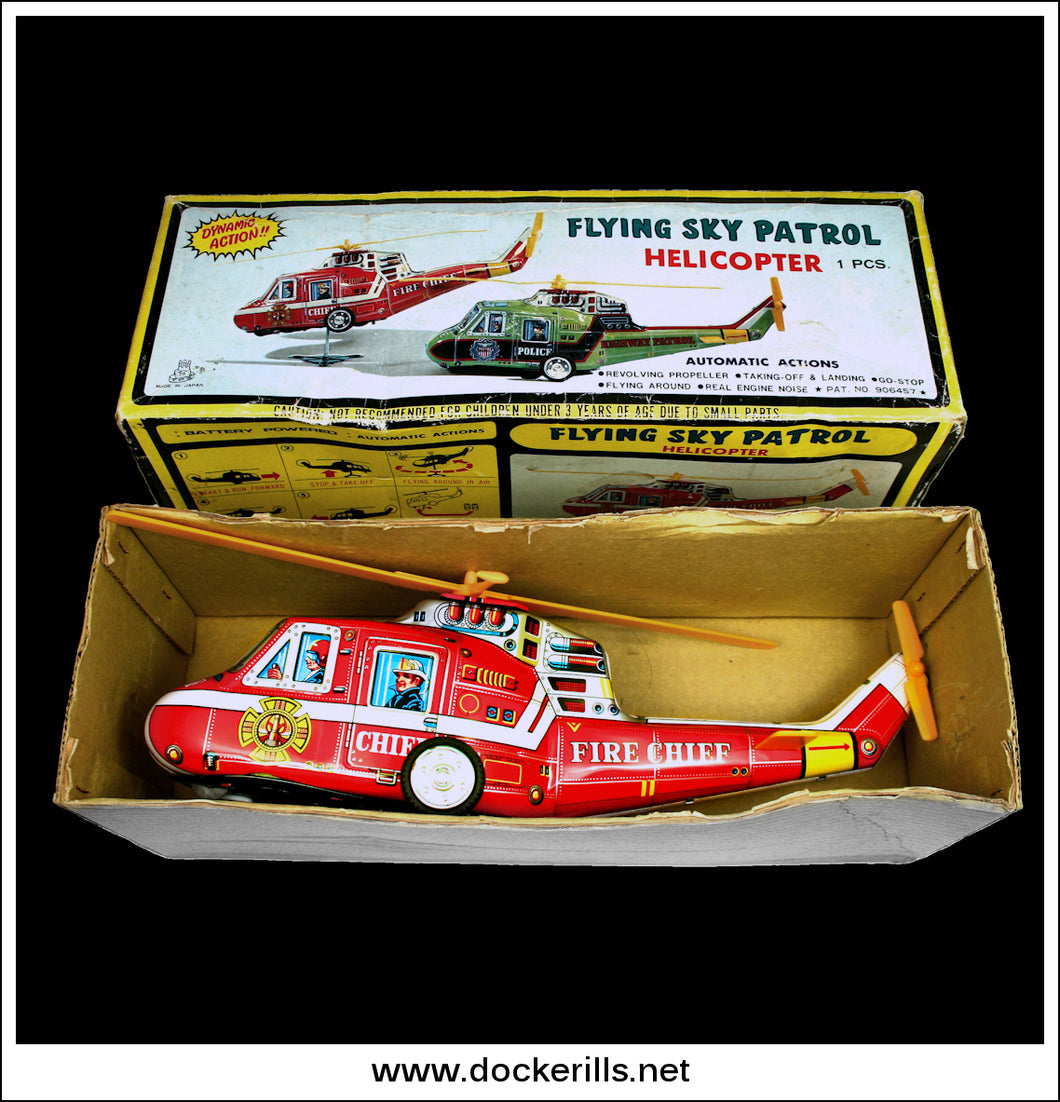 Flying Sky Patrol Helicopter, Fire Chief. Vintage Tin Plate Battery  Operated Toy, T.P.S. / Toplay Ltd., Japan.